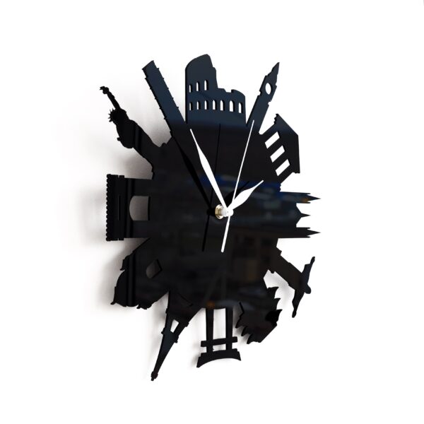 Необычные настенные часы черного цвета для путешественников с изображением достопримечательностей. Эти дизайнерские оригинальные часы прекрасно подойдут для интерьера в современном или классическом стилях. По кругу размещены 12 достопримечательностей в соответствием с отметками времени